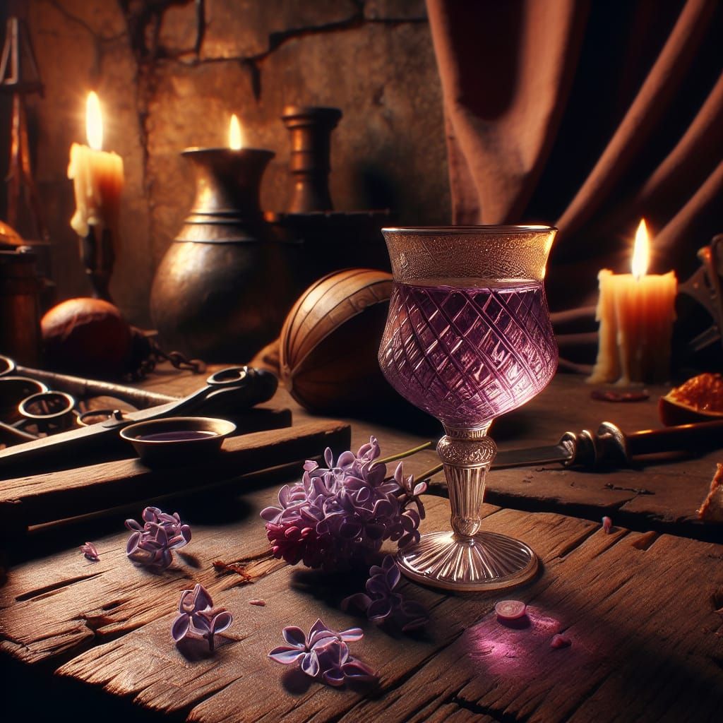 Medieval Still Life of Lilac Wine in a Delicate Goblet