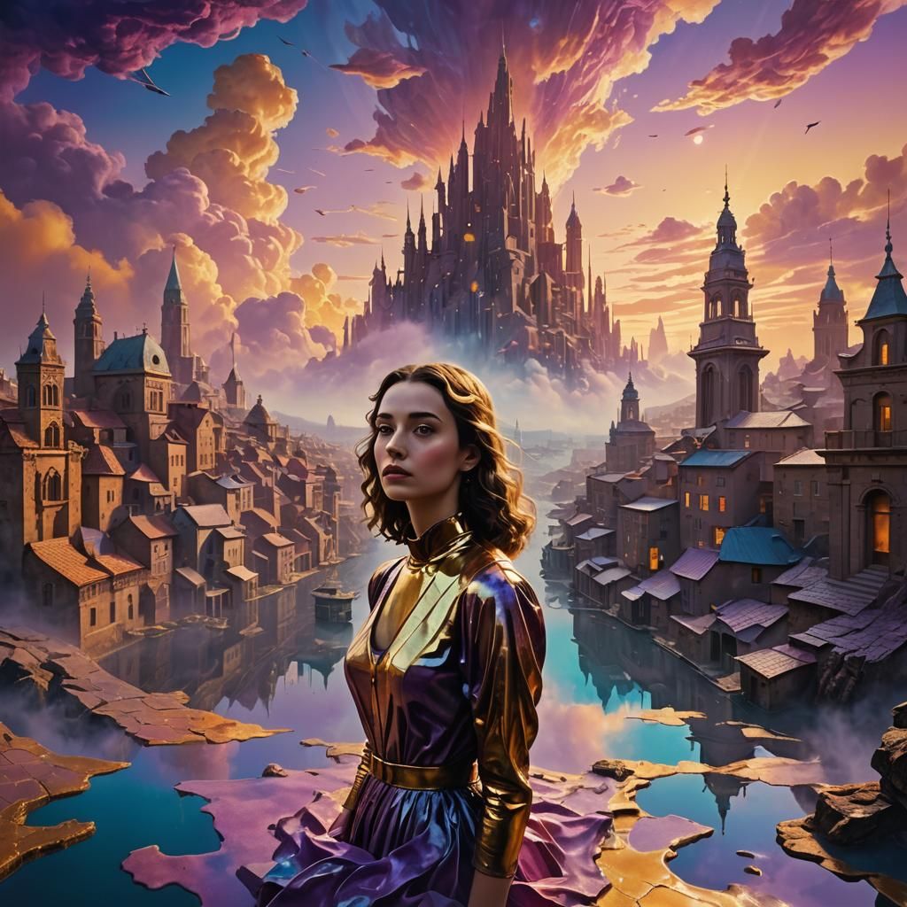 Surreal Dreamlike Woman in Floating Cityscape