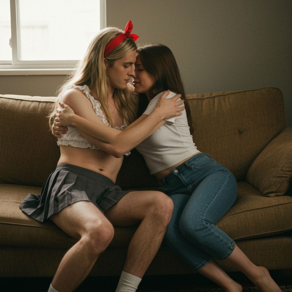 Crossdressed Teen Relaxing on Couch in Vintage Living Room