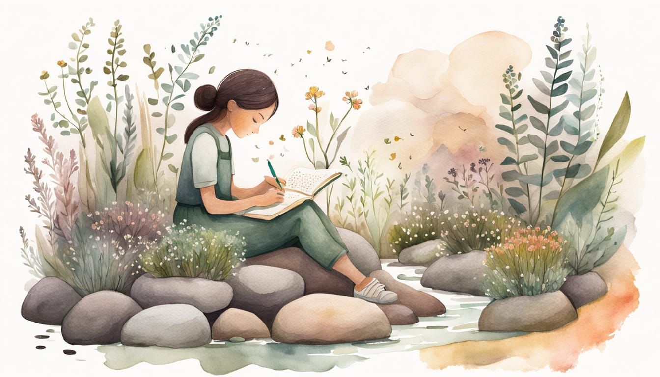 Watercolor Sketch of a Girl by a Spiral Herb Garden