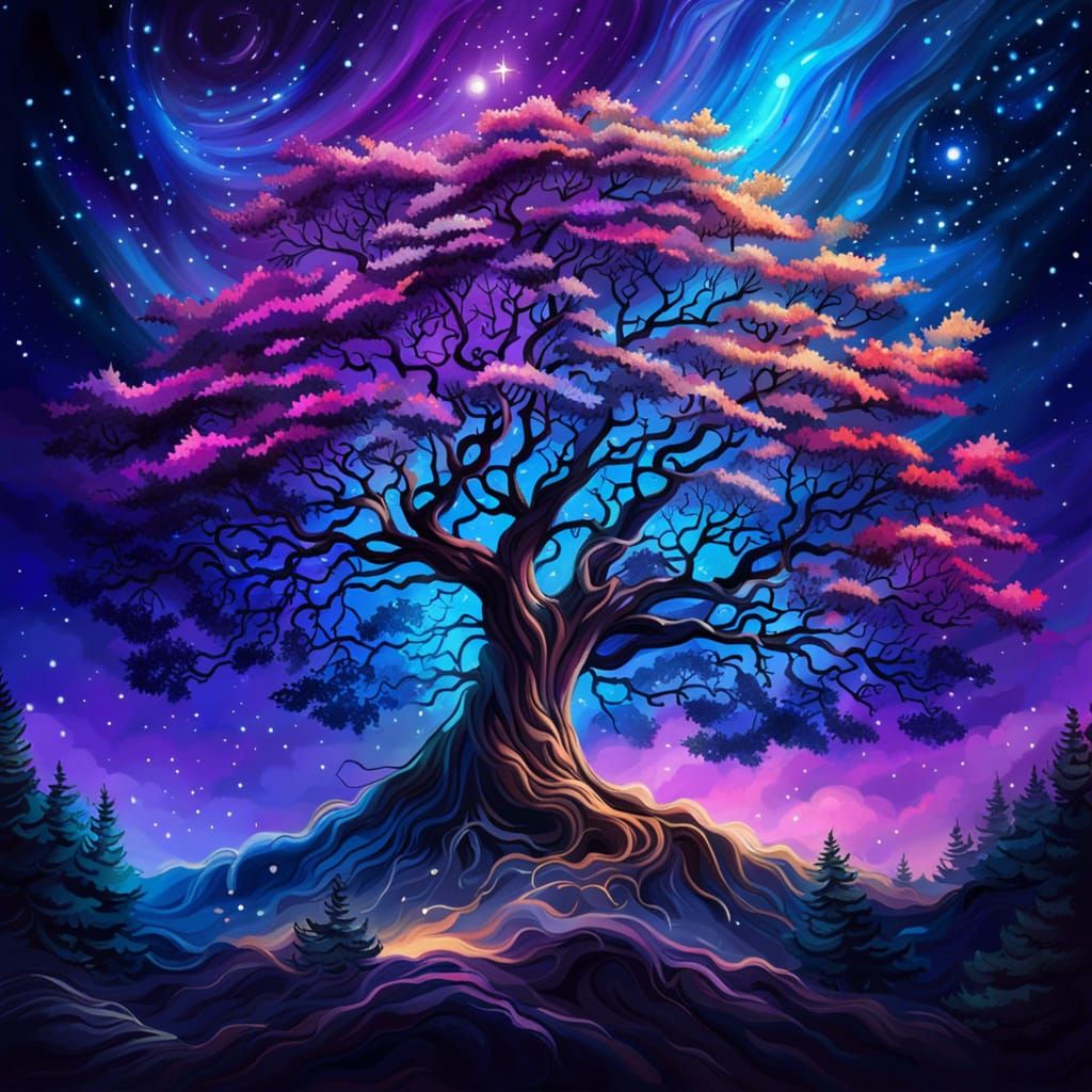 Bald Cypress Tree with Cloud Leaves on Nebula