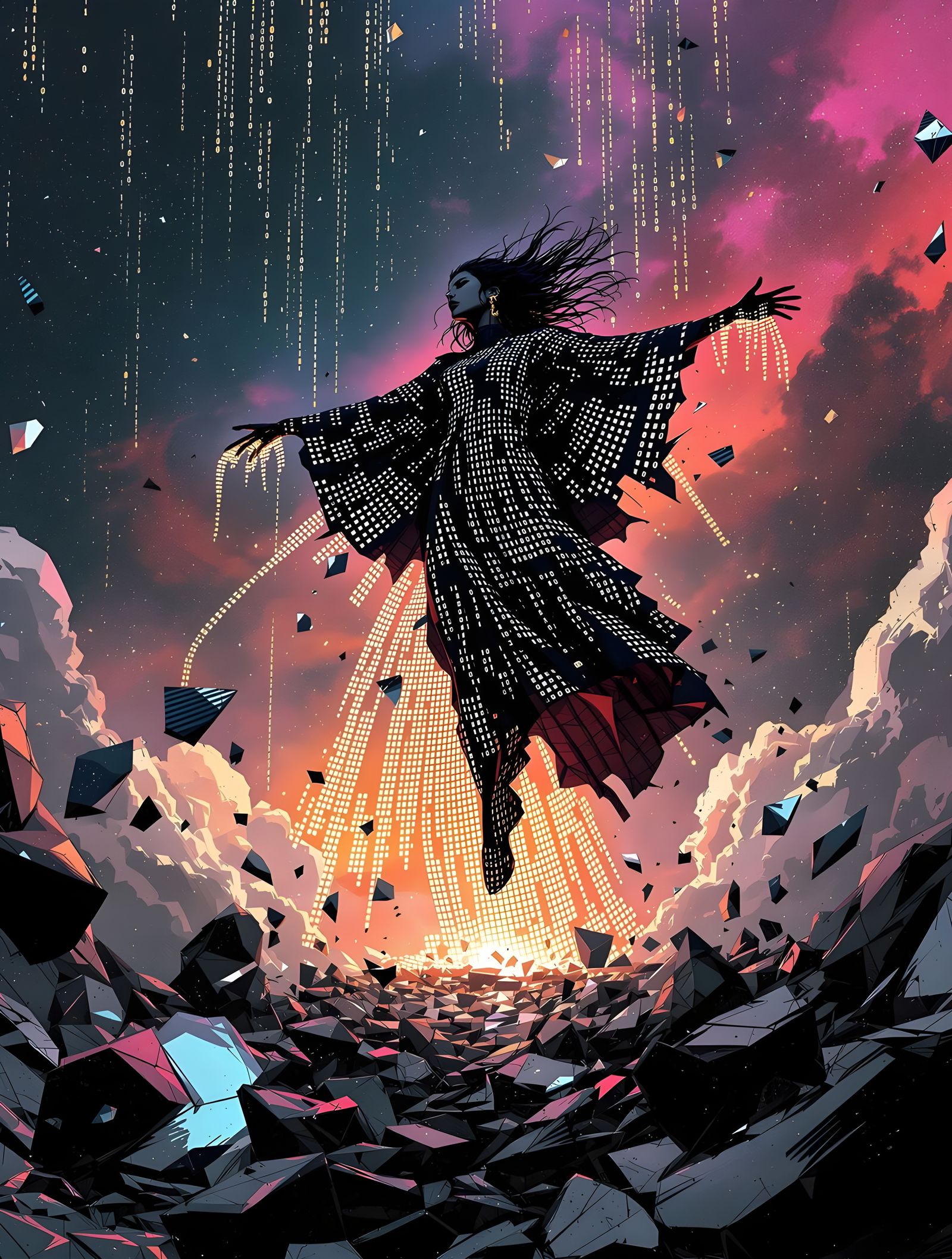 Cyberpunk Woman Amidst Digital Decay