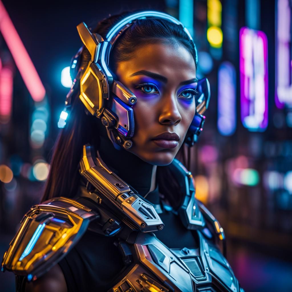 Cyborg Girl in Neon City: Hyperrealistic Portrait