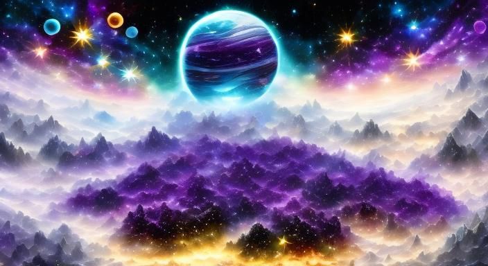 Celestial Galaxy with Rainbow Flowers in Starry Night Style
