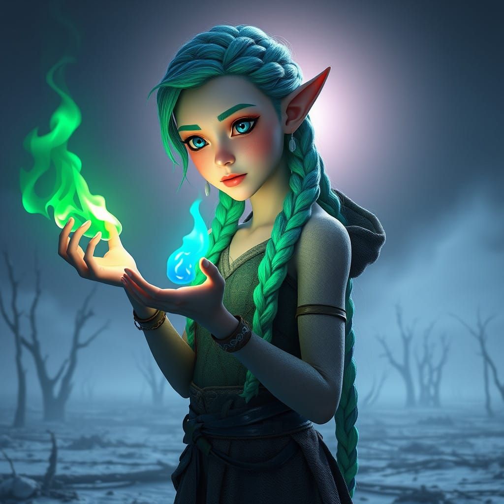 Mystical Elf Maiden in Ethereal Glow, with Radiant Green and...