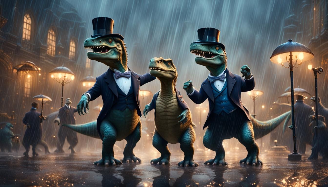 dinosaurs wearing top hats and tuxedos holding canes and dancing in the rain