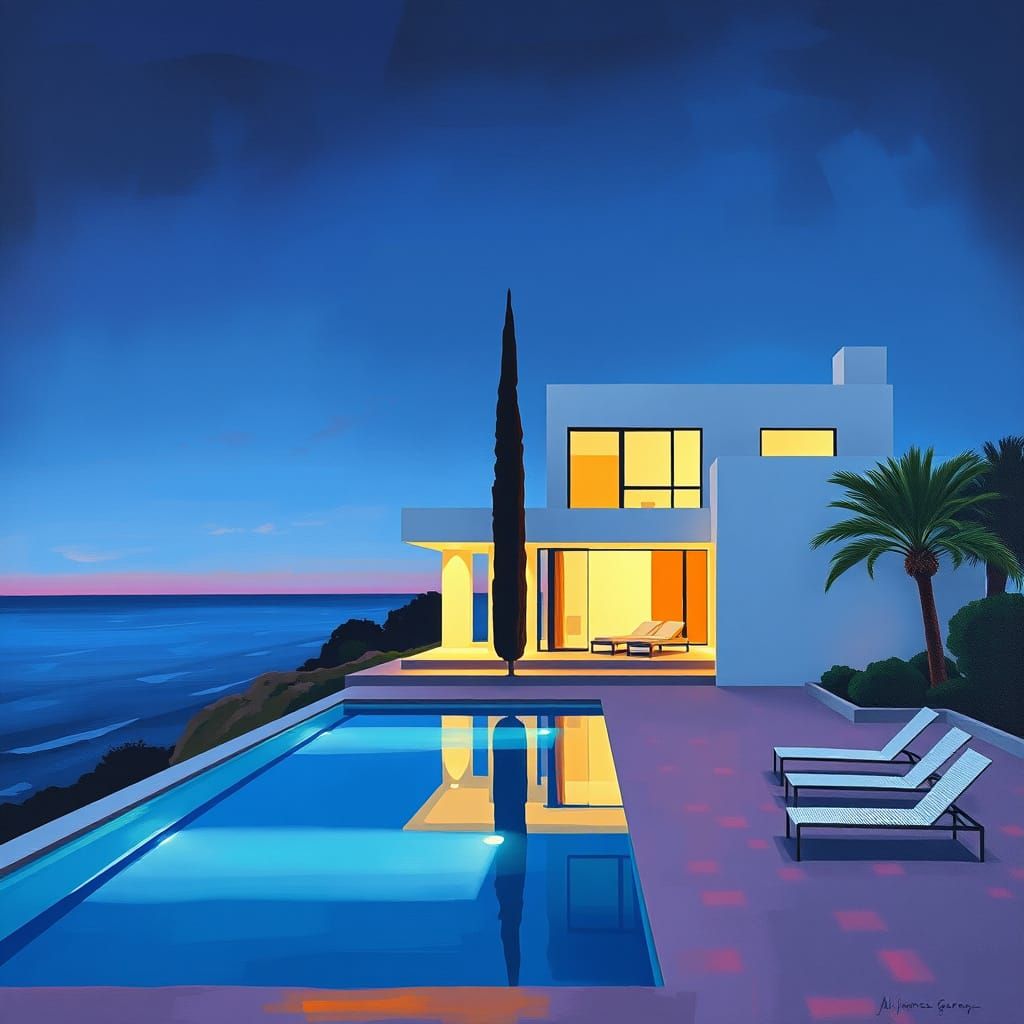 Modern Minimalist House Near Ocean, Abstract Impressionism