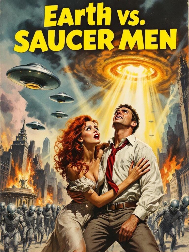 Retro Sci-Fi Pulp Cover: Earth vs. Saucer Men