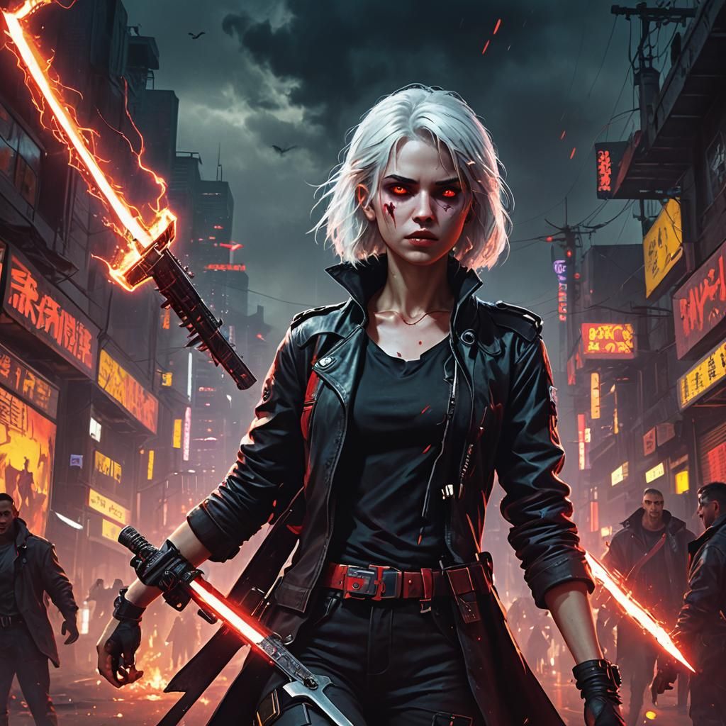 Cyberpunk Vampire Child with Sword and Gun