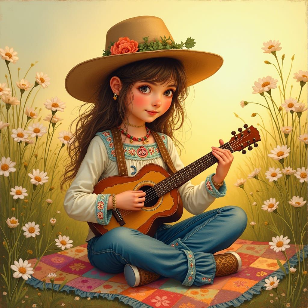 Boho Hippie Child Strumming Guitar in Storybook Style