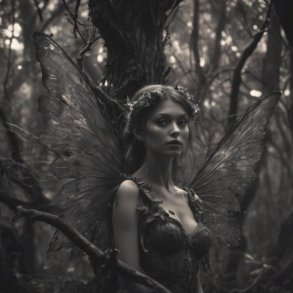 Surreal Fairy Lurks in Gnarled Dark Fantasy Landscape