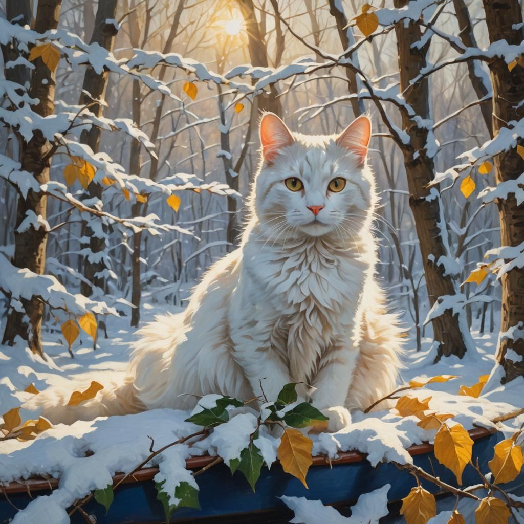 White Cat in Leaf Boat: Impressionist Winter Scene