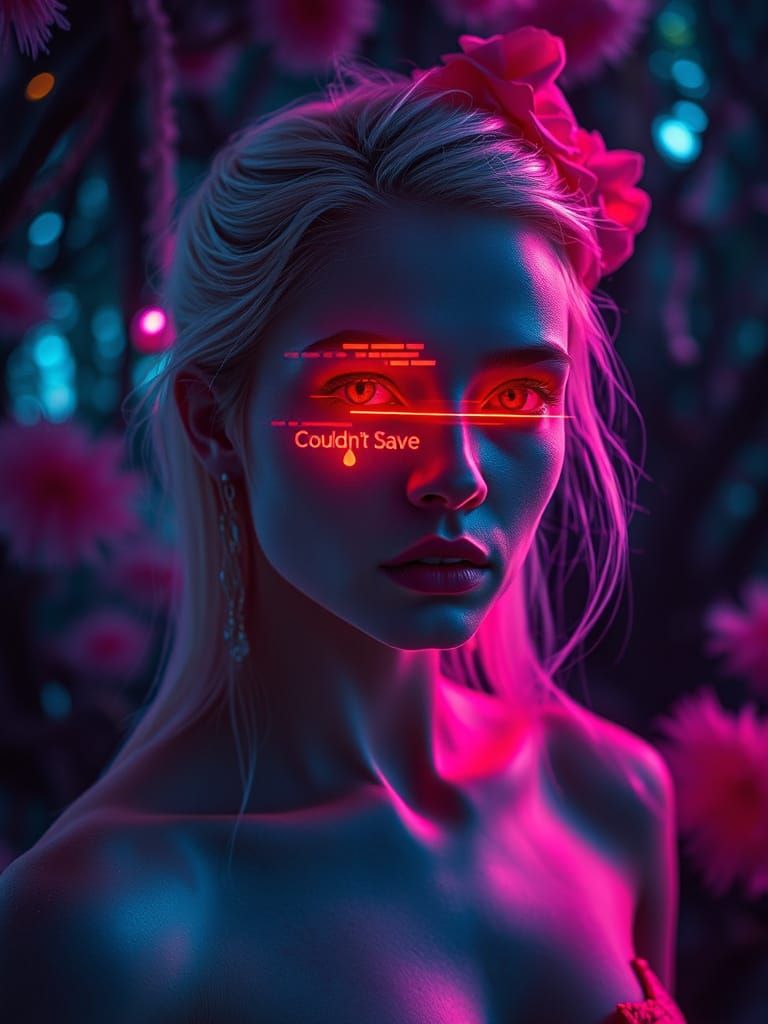 Cyborg Nymph in a Glitched Bioluminescent Jungle