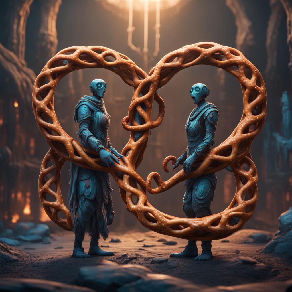 Fantastical Intertwined Human Pretzels in Detailed Digital A...