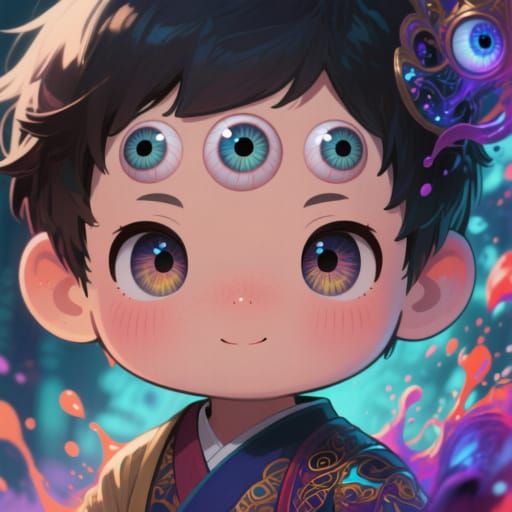 A cute chibi human in Tokyo with three (multiple) eyes  on t...