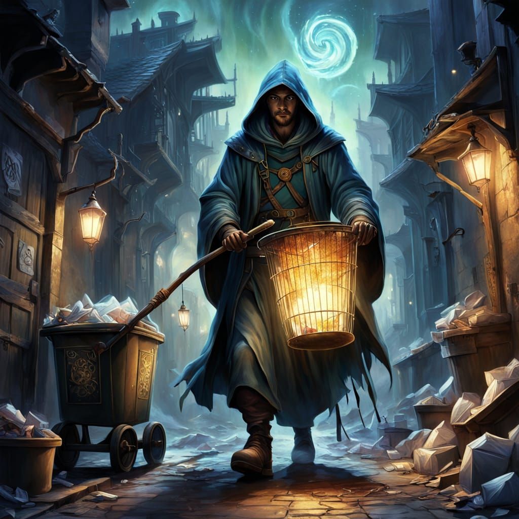 Fantasy Garbage Collector at Night with Magical Trash Cart
