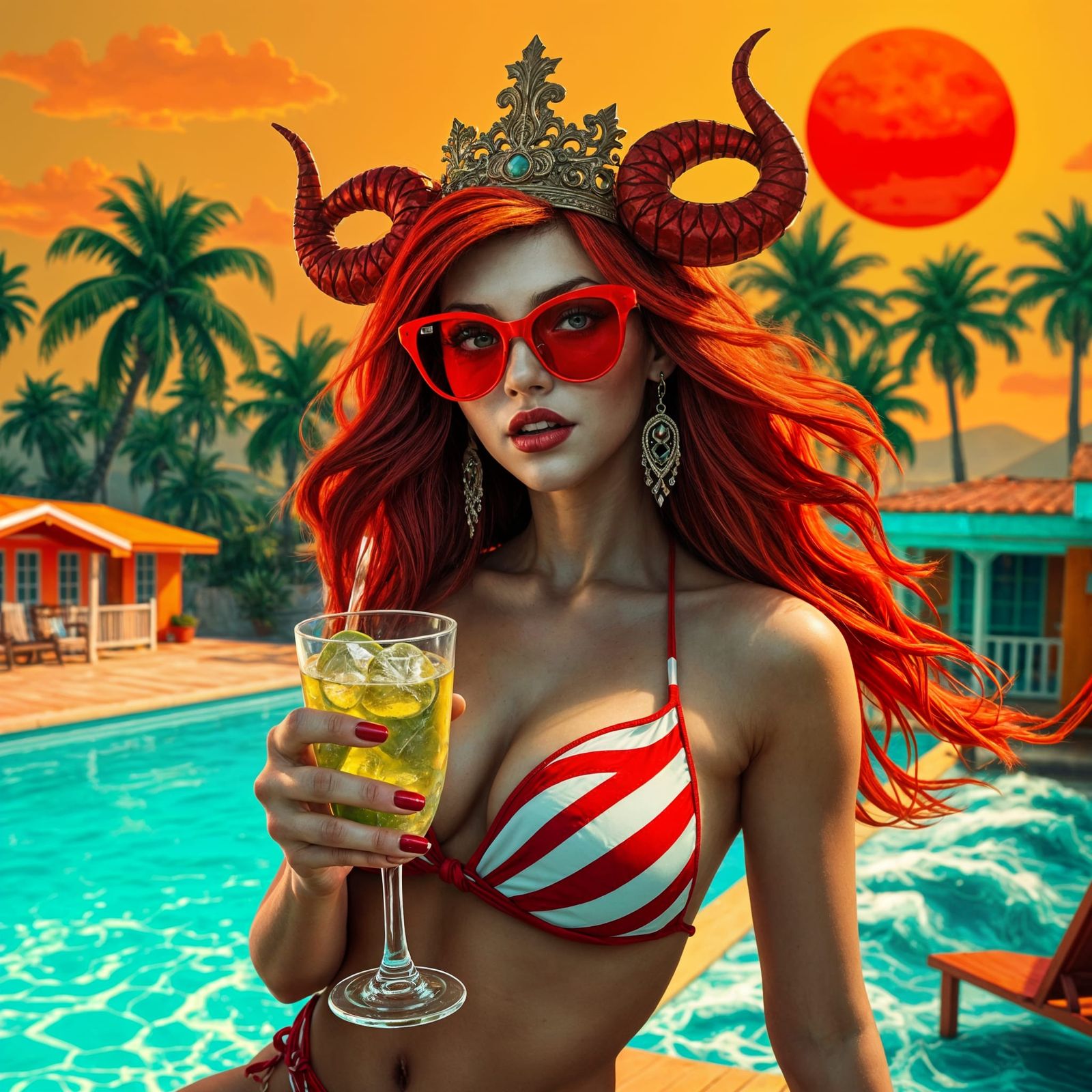 Redhead Woman with Horns and Burning Crown