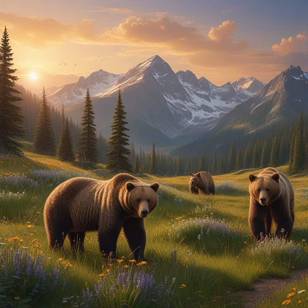 Majestic Bears in Golden Hour Alpine Meadow