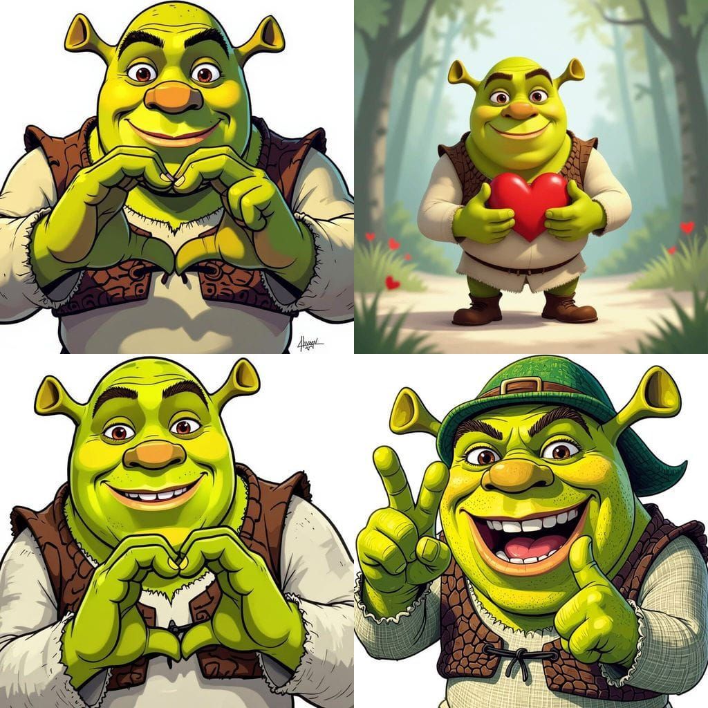 Shrek Cartoon Style Heart Hands on White Background