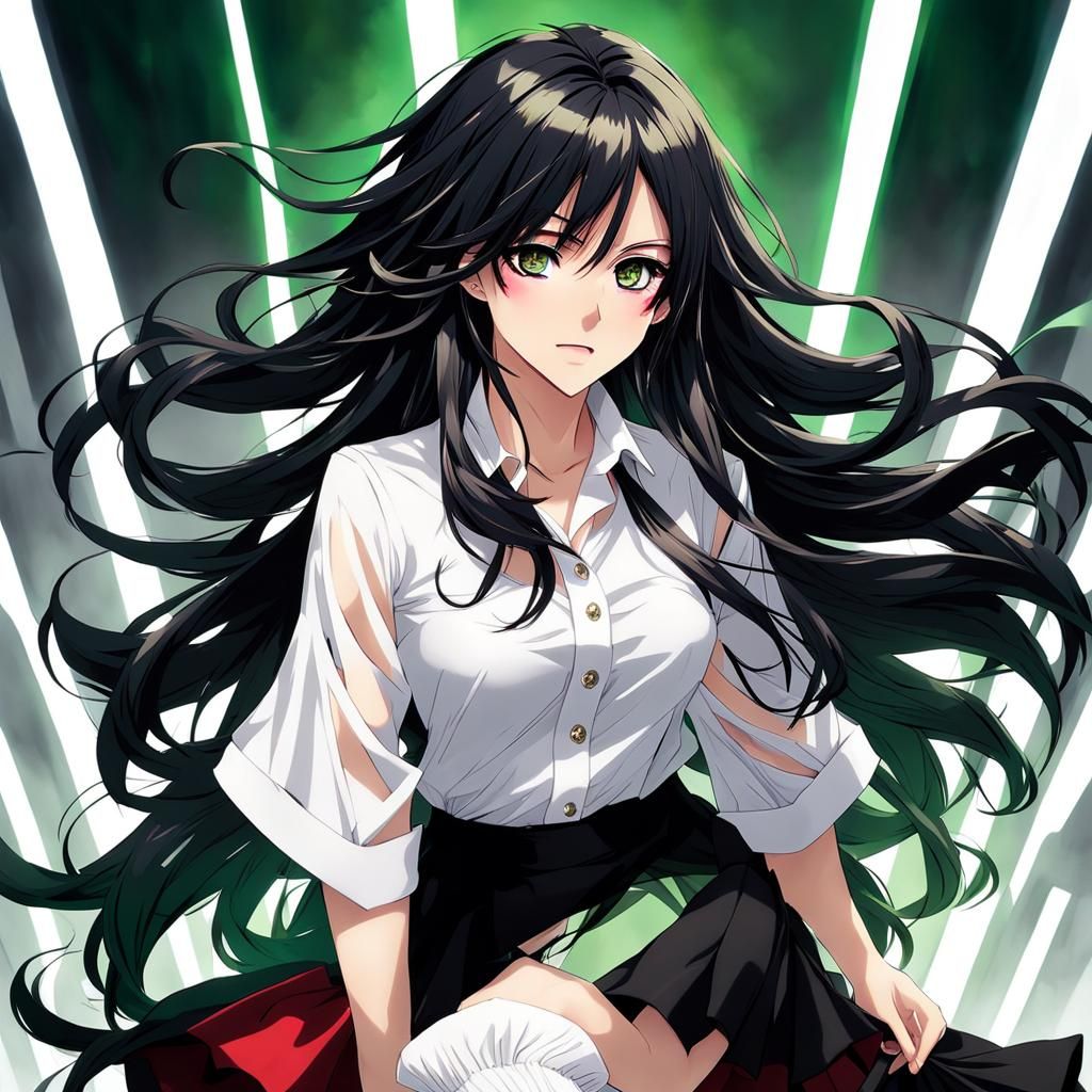 Anime Girl with Green Highlights and Red Eyes
