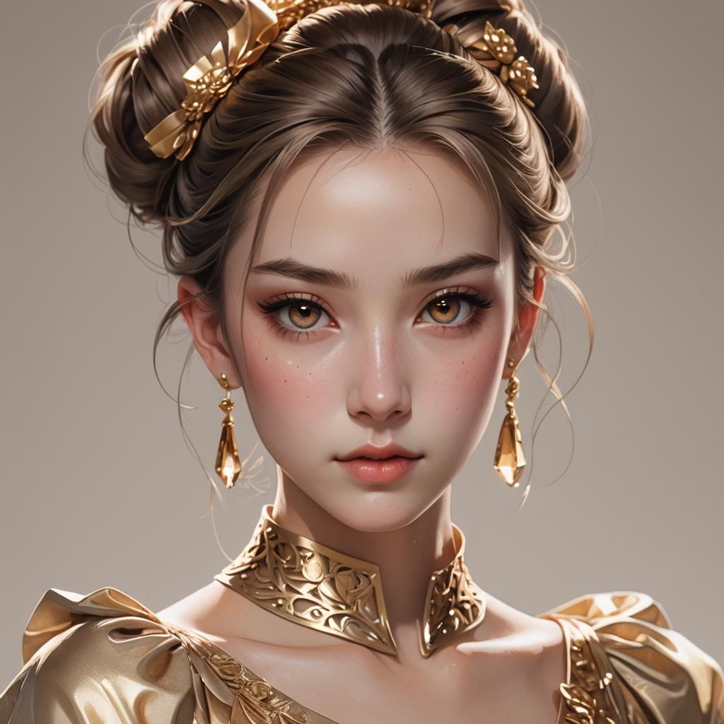 Anime Portrait: Hazel-Eyed Woman in Gold Dress