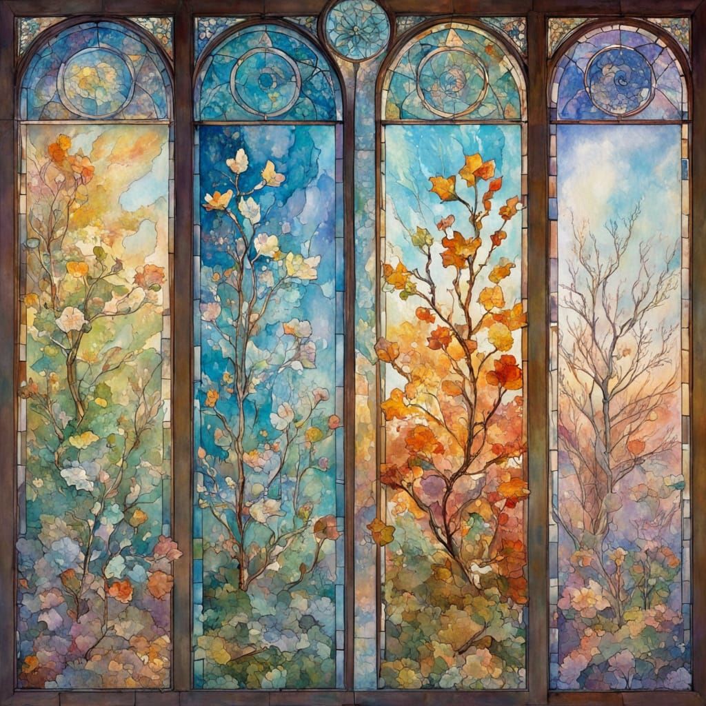 Seasons on Ancient Scroll in Art Nouveau Style