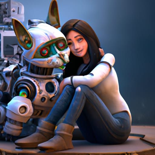 Girl Cuddling Robot Dog in Detailed Digital Painting