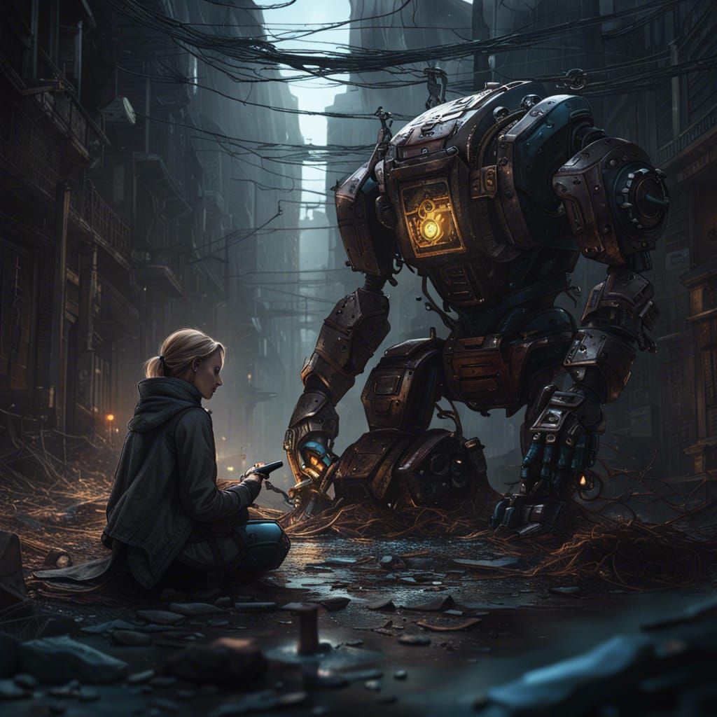 Deserted City: Woman and Robot in Dark Fantasy Style
