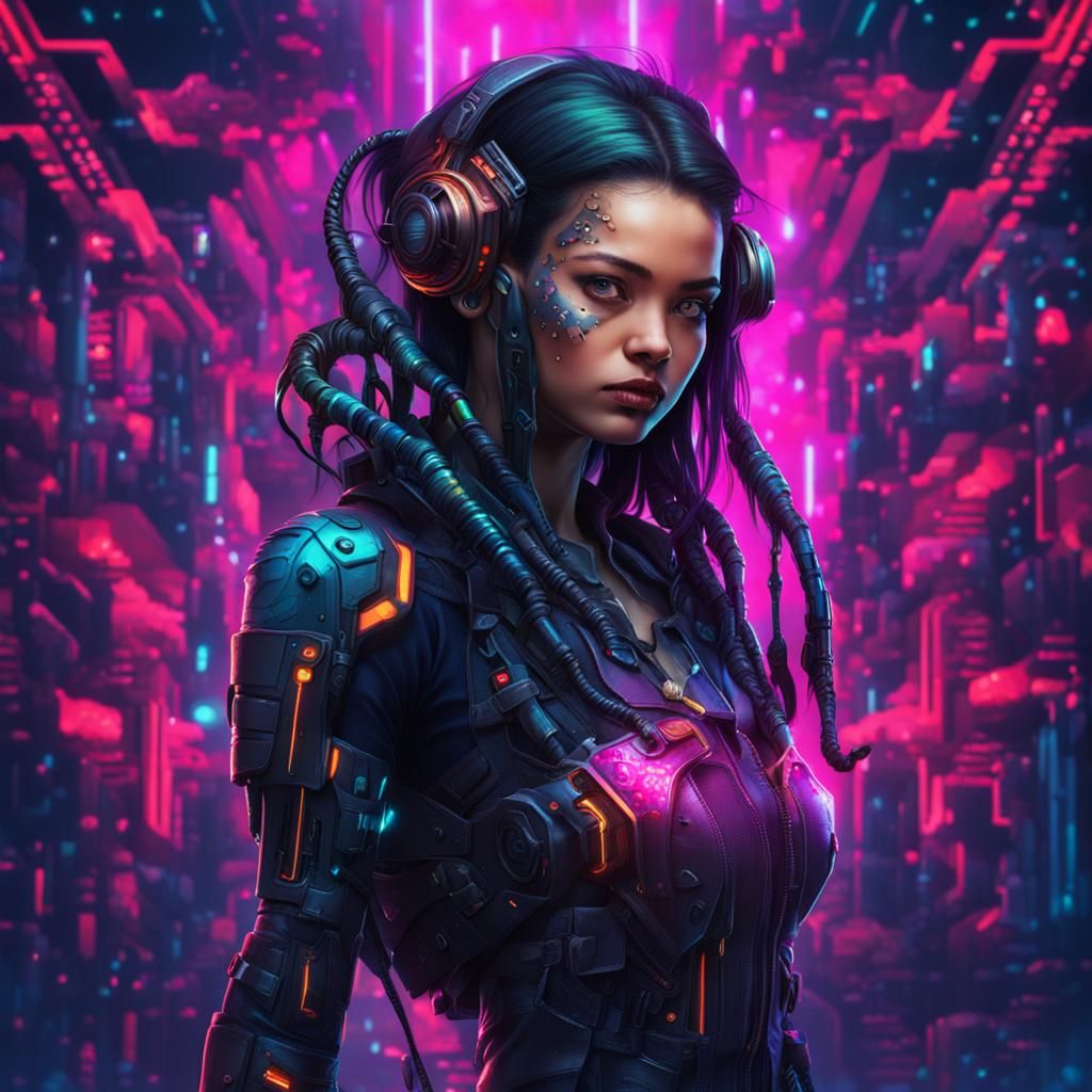 Colorful Cyberpunk Girl in Biomechanical Setting