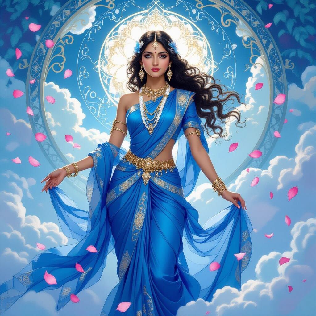 Indian Sapphire Goddess in Enchanting Clouds, Art Nouveau St...