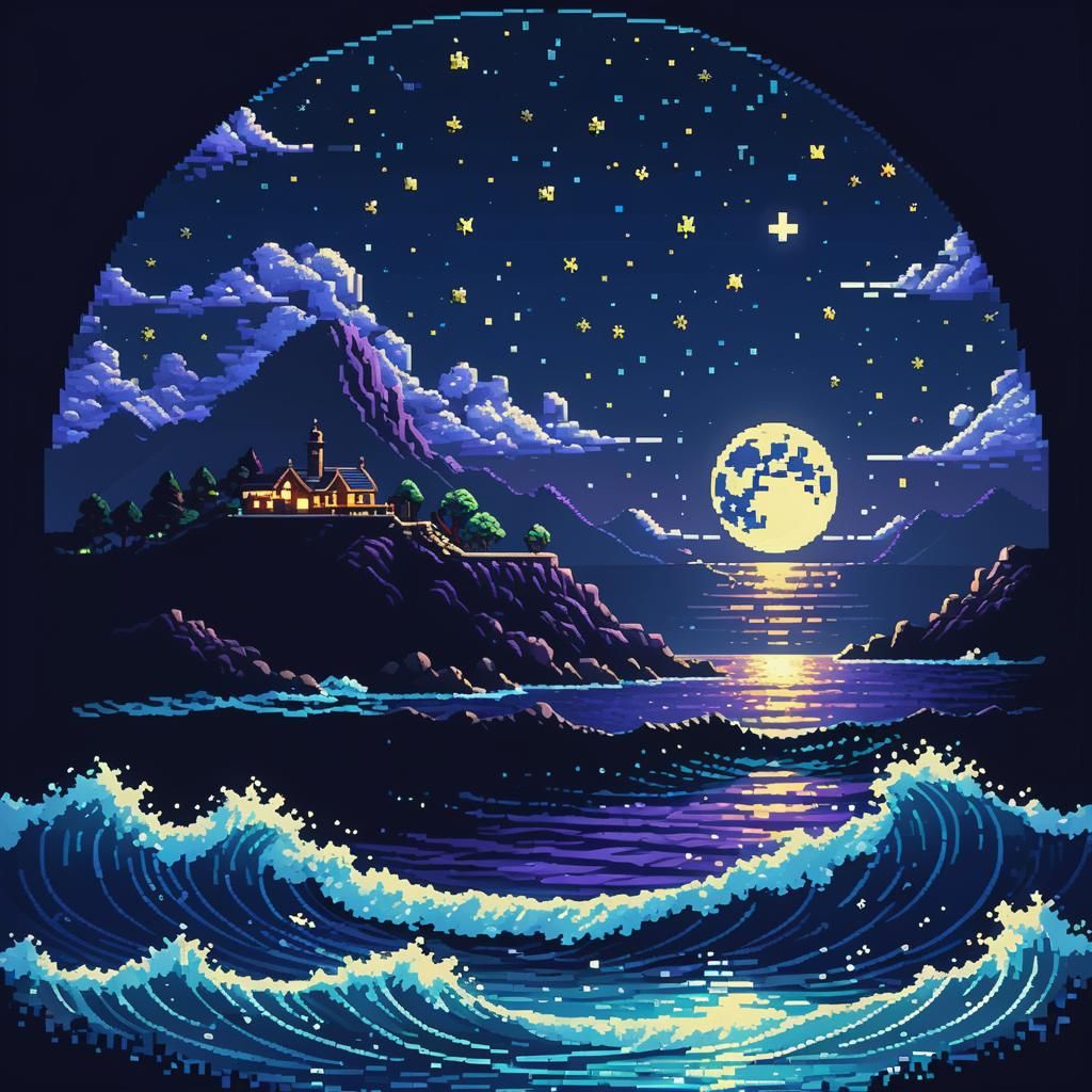 Pixel art style landscape of the ocean at night. The October...