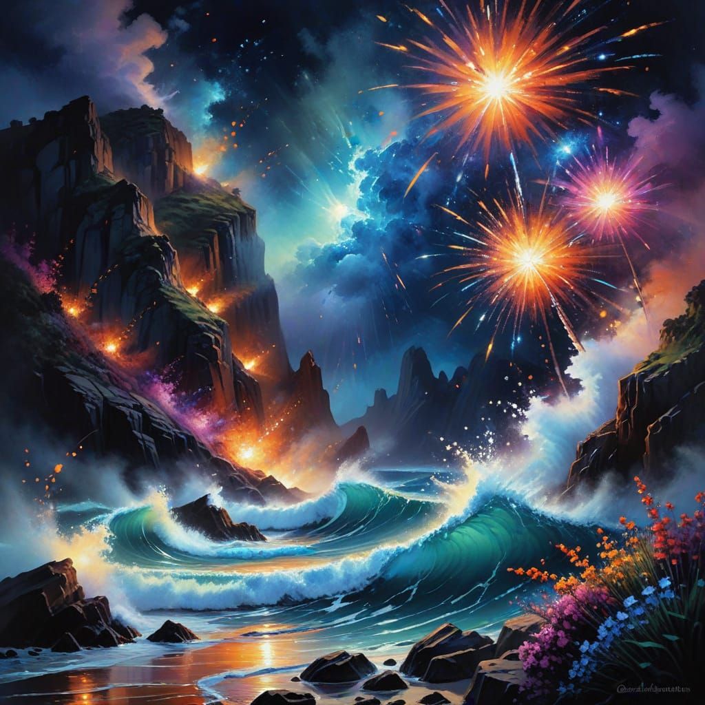 coastal cliffside fireworks