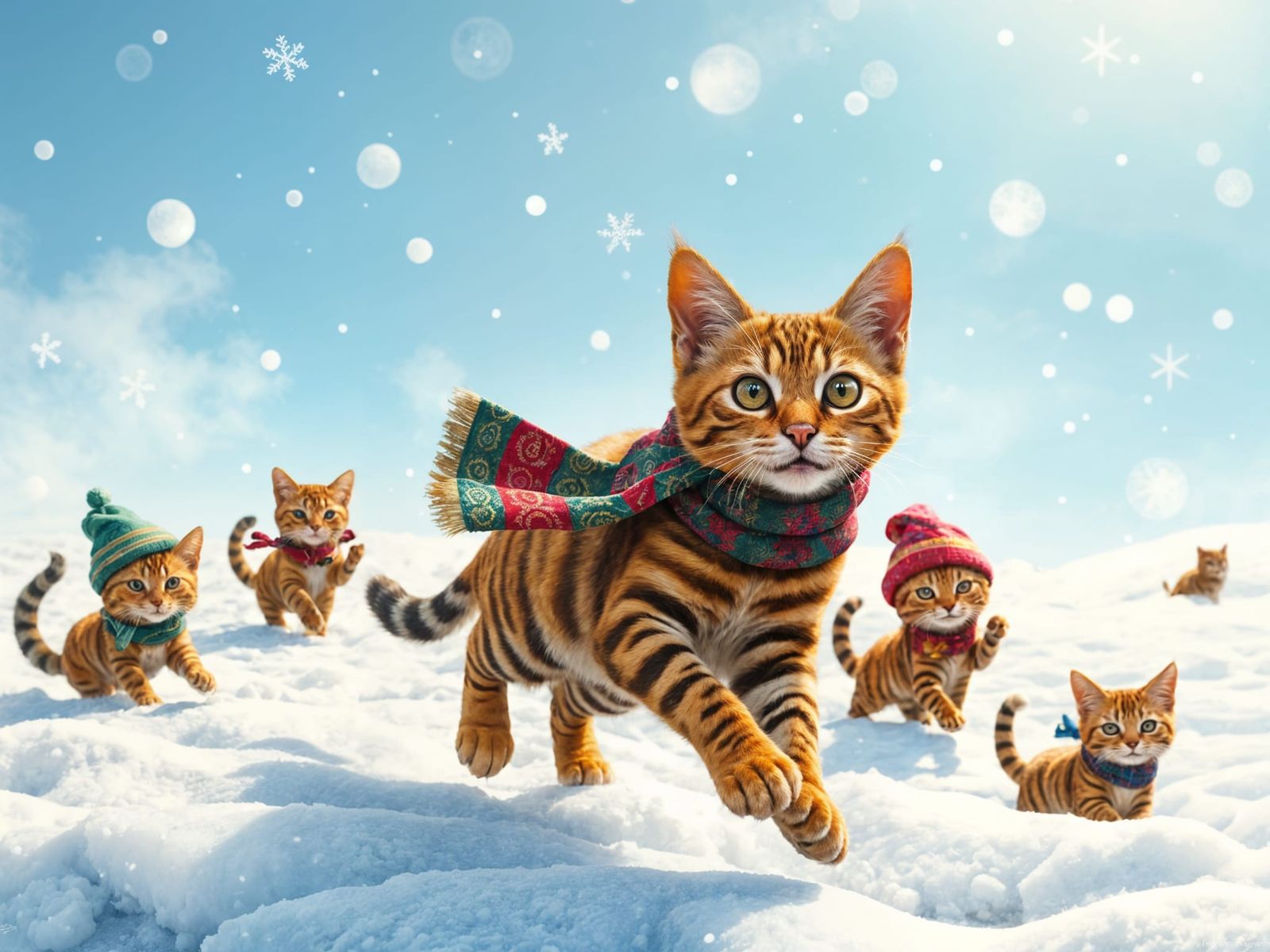 Joyful Felines Play in Winter Wonderland Scene