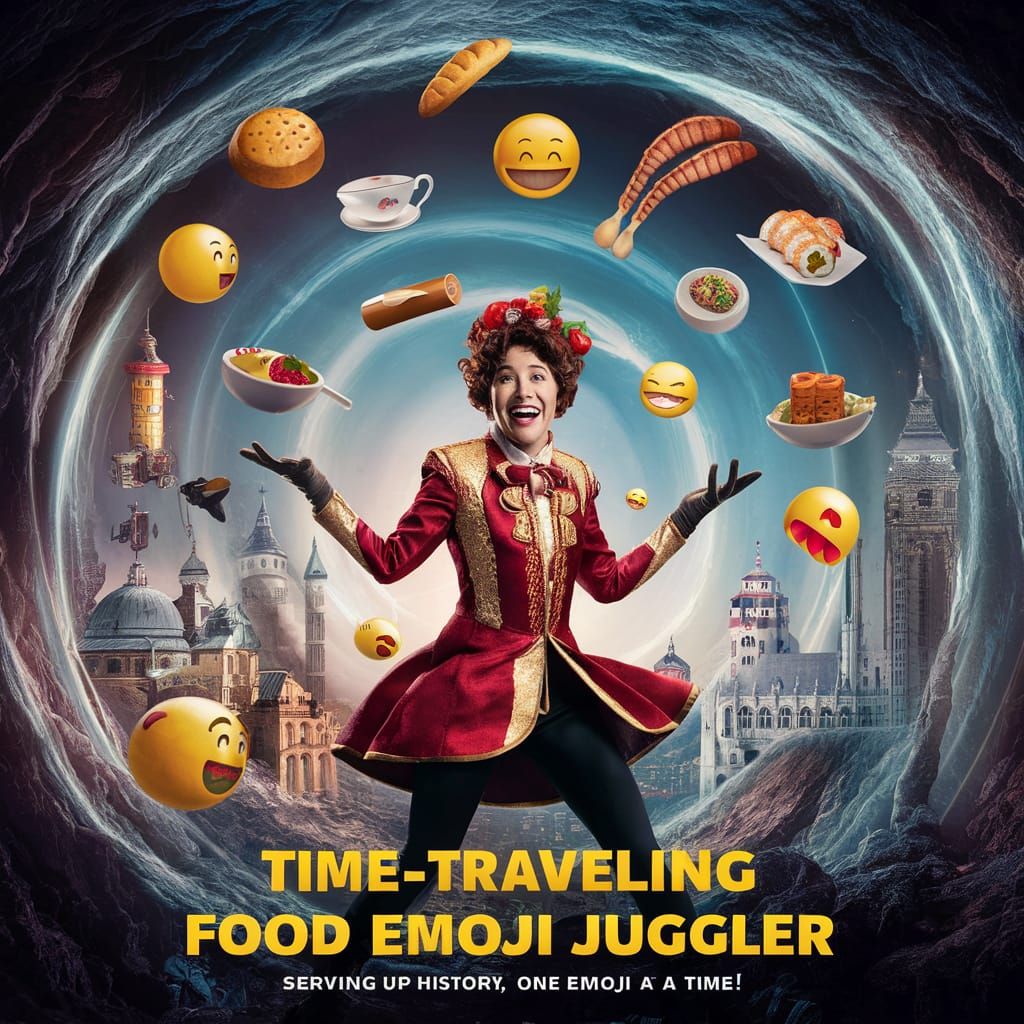 movie poster Title: "Time-Traveling Food Emoji Juggler"