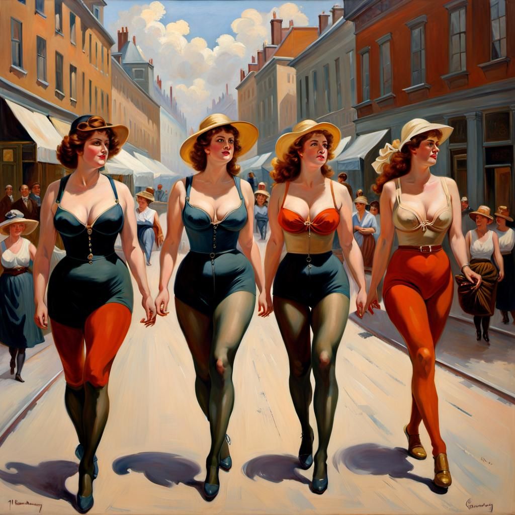 Vintage Fashion Walk: An Oil Painting