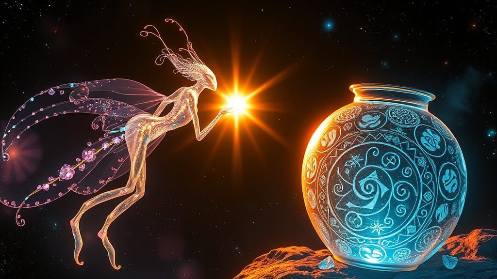 Ethereal Star Being Radiates Iridescent Glow in Cosmic Jar