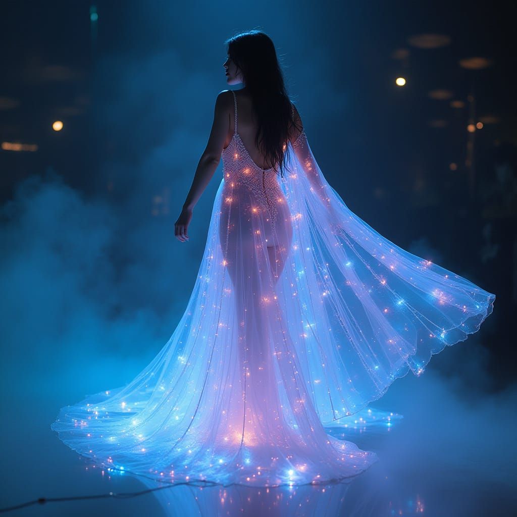 Glowing Futuristic Evening Gown in Ethereal Mist