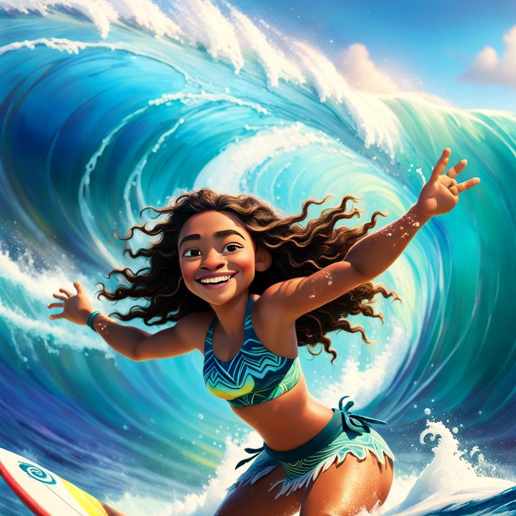 Moana Surfing in Hawaii: Vibrant 3D Digital Art