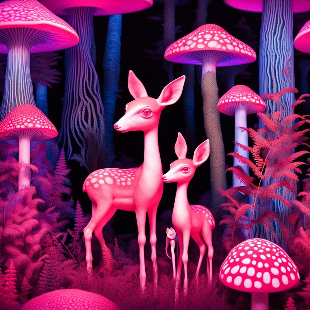 Psychedelic Doe and Fawn in Mushroom Forest