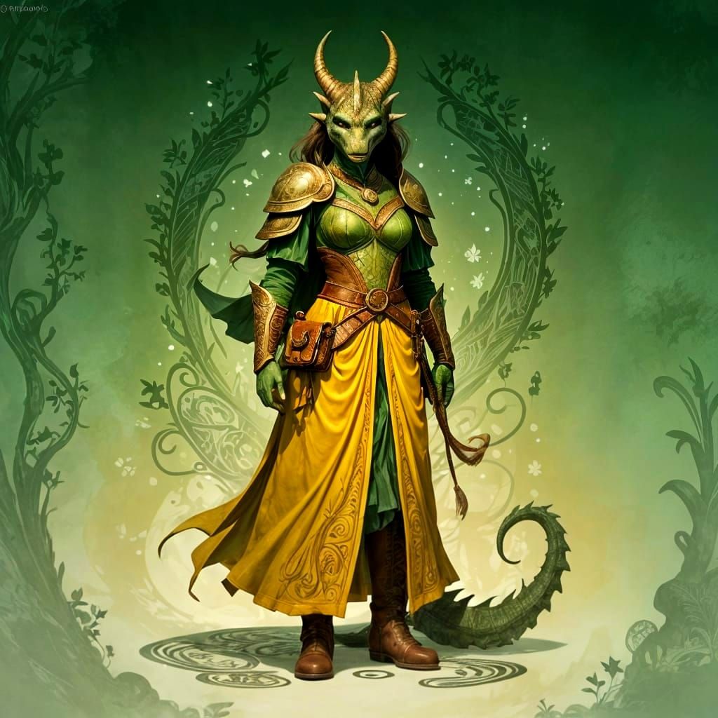 Regal Dragonborn in Vibrant Green Attire