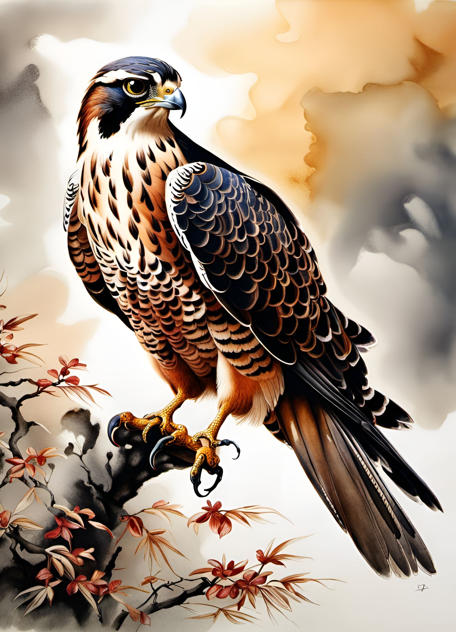 Falcon in Chinese Ink Painting Style