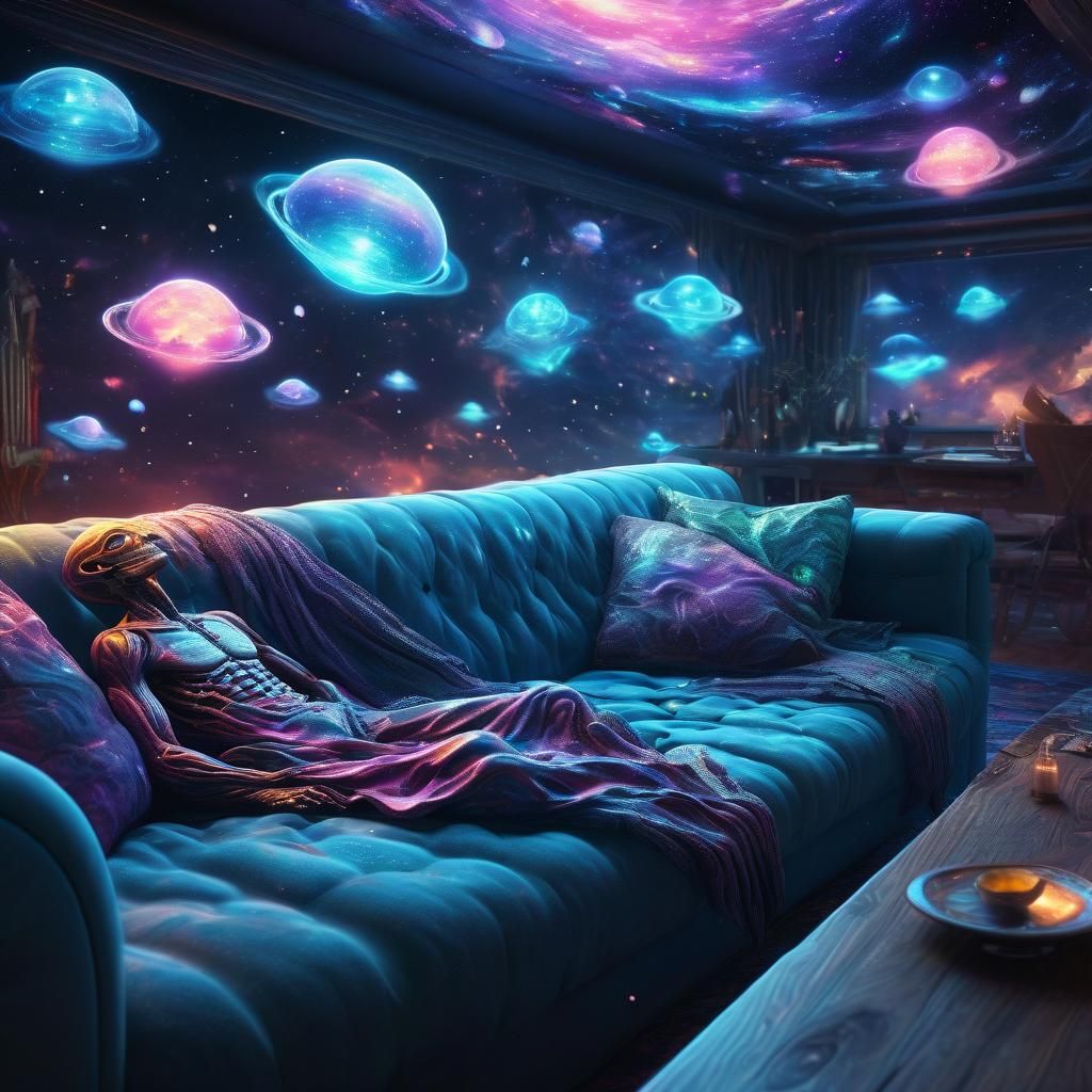 Astral Alien on Couch in Surreal Cosmic Illustration