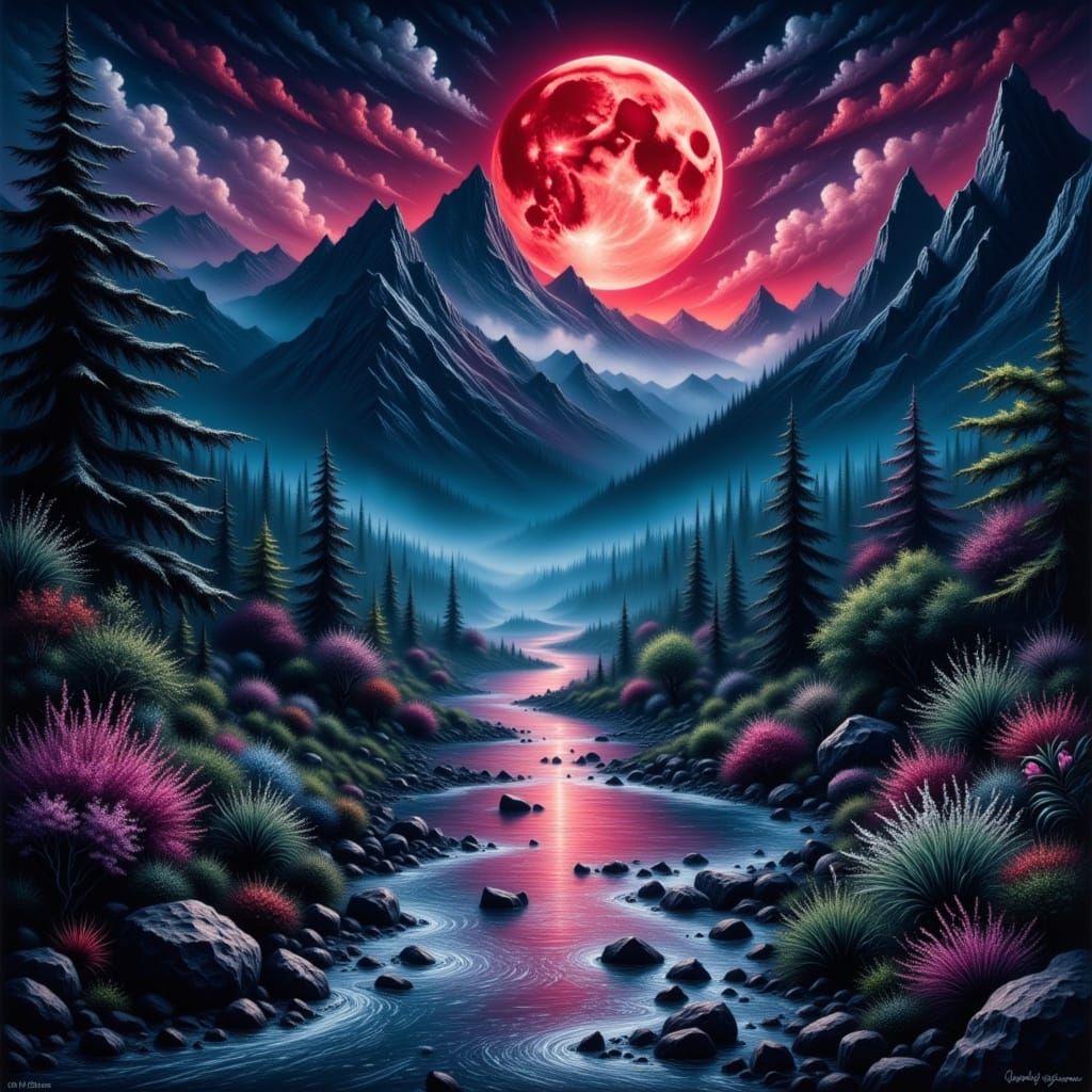 Blood Moon River in Fantasy Matte Painting Style