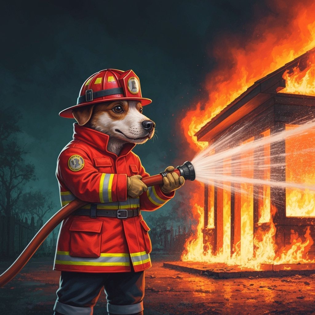 A dog dressed in a red firefighter's uniform using a hose to...