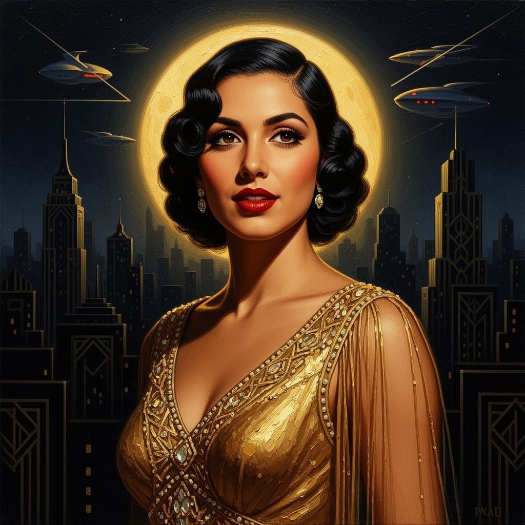 Film Noir Portrait of Elegant Woman in Golden Gown