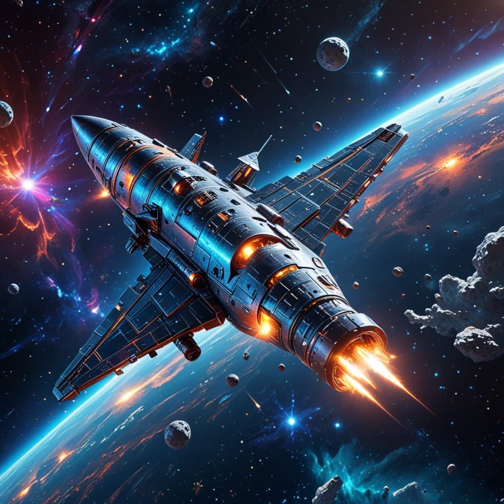 Astral Spaceship Pierces Space in Holographic Illustration