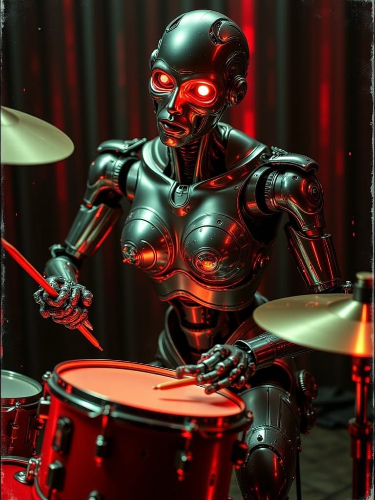 Robot Drummer in Vintage Daguerreotype Style