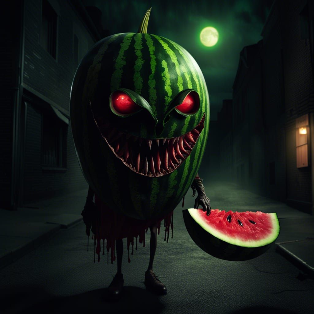 Horrific Watermelon Vampire Stalks Dark Streets