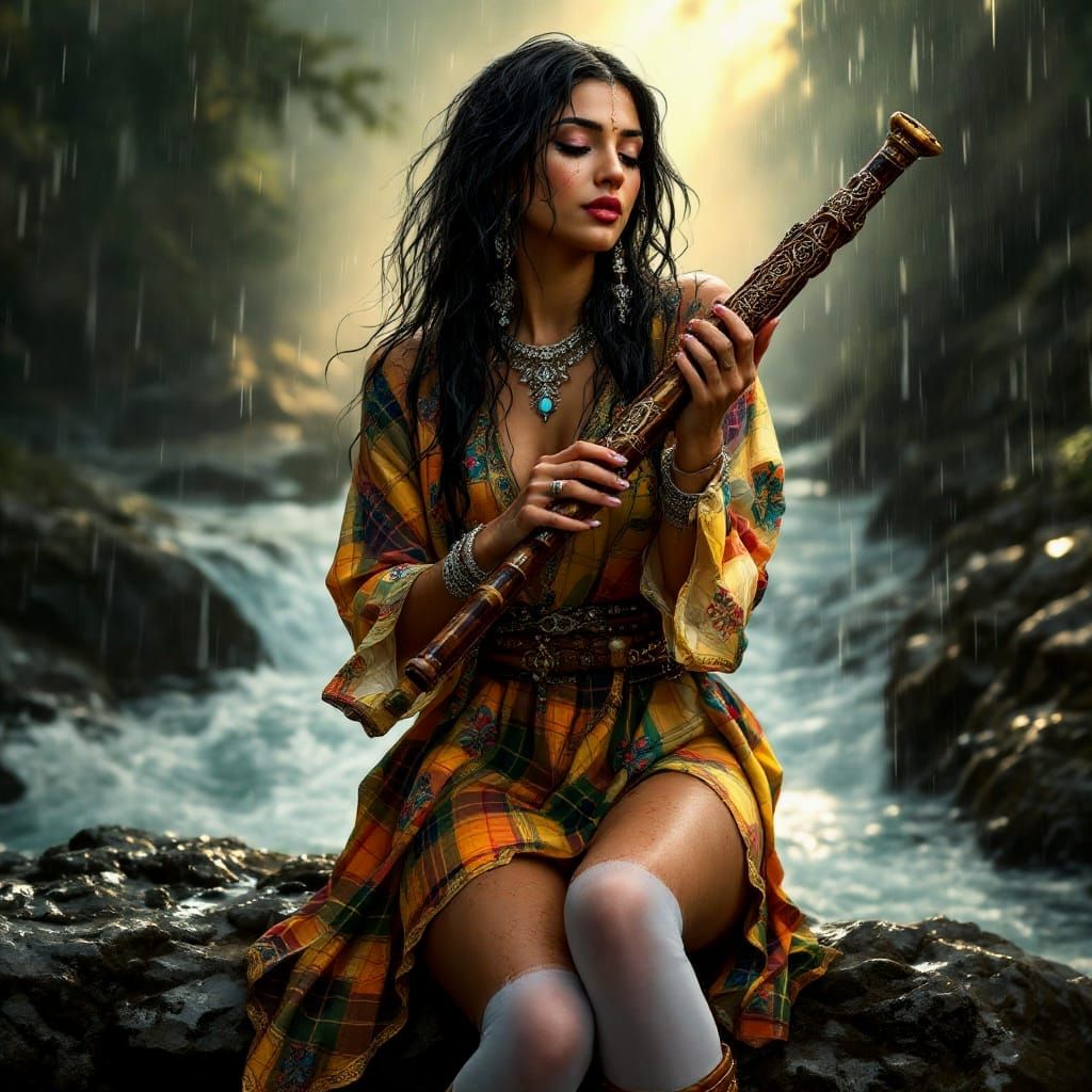 Elegant Indian Flautist in a Romantic Rainy Scene