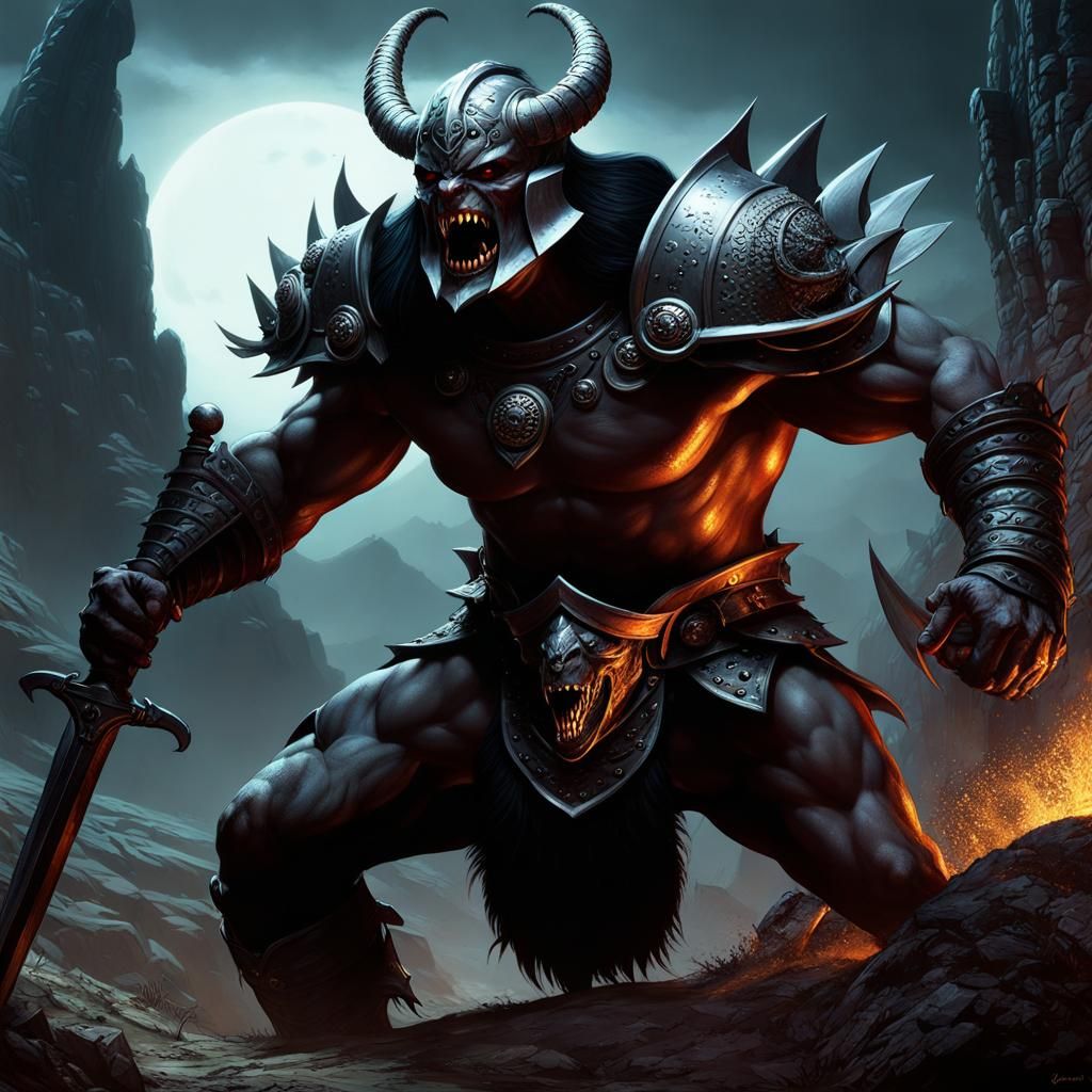 Frazetta Style Ghoul Attacks Gladiator in Gothic Horror